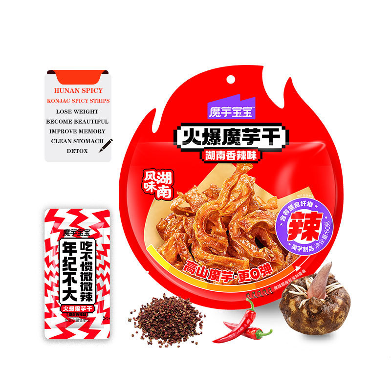 High quality 60g Hunan spicy konjac strips low fat low calorie detoxification weight loss delicious konjac latiao