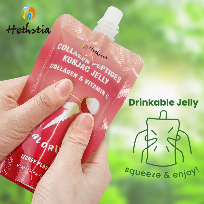 Natural Healthy OEM Bag Packaging Fruit Konjac Jelly Tasty Collagen Peptide Lychee Flavor Drinkable Konjac Juicy