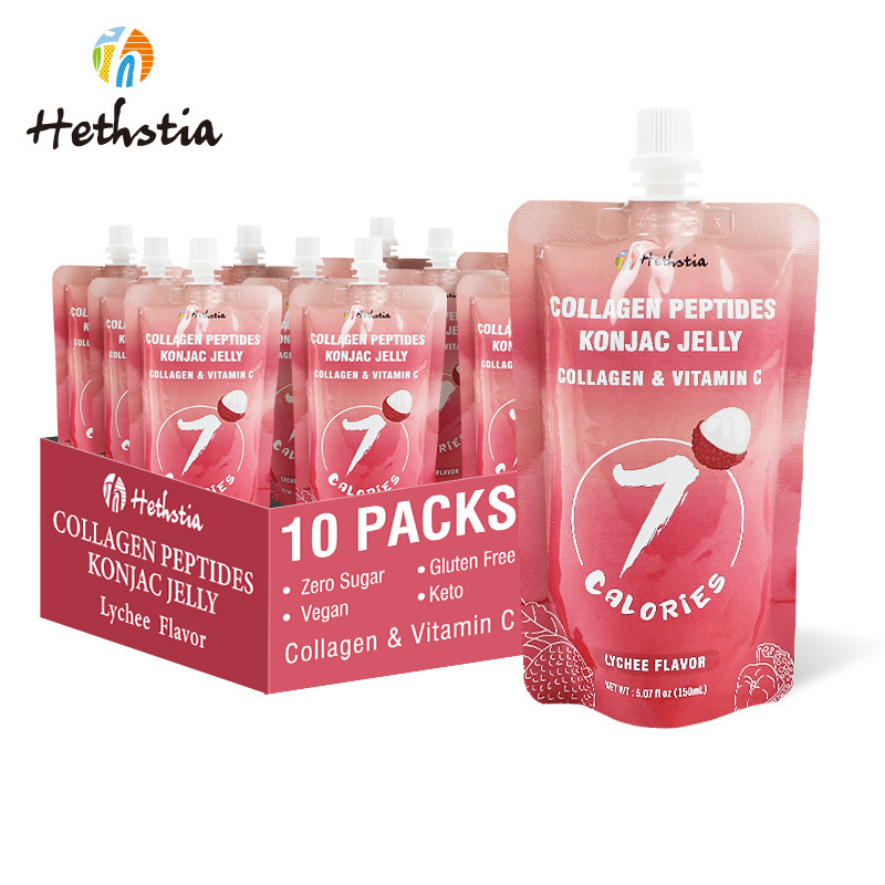 Natural Healthy OEM Bag Packaging Fruit Konjac Jelly Tasty Collagen Peptide Lychee Flavor Drinkable Konjac Juicy