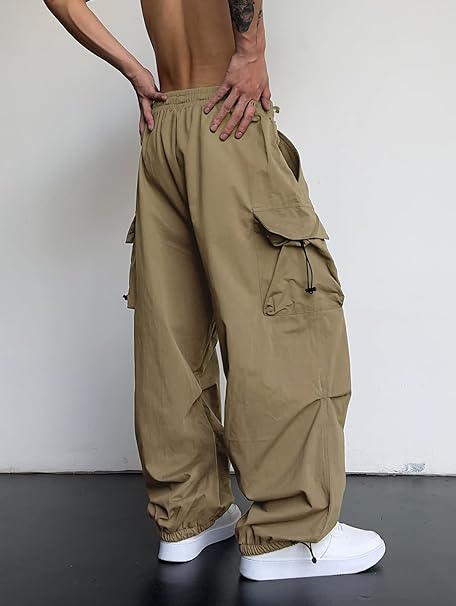 Mens Cargo Pants Loose Fit Drawstring Pocket Design Beam Feet Parachute Cargo Casual Jogger Pants