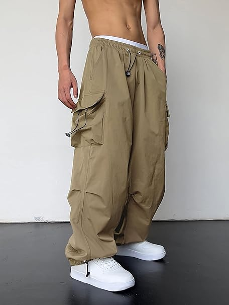 Mens Cargo Pants Loose Fit Drawstring Pocket Design Beam Feet Parachute Cargo Casual Jogger Pants