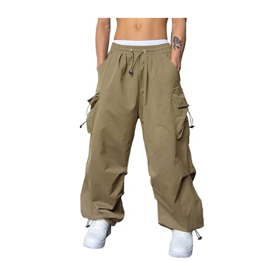 Mens Cargo Pants Loose Fit Drawstring Pocket Design Beam Feet Parachute Cargo Casual Jogger Pants