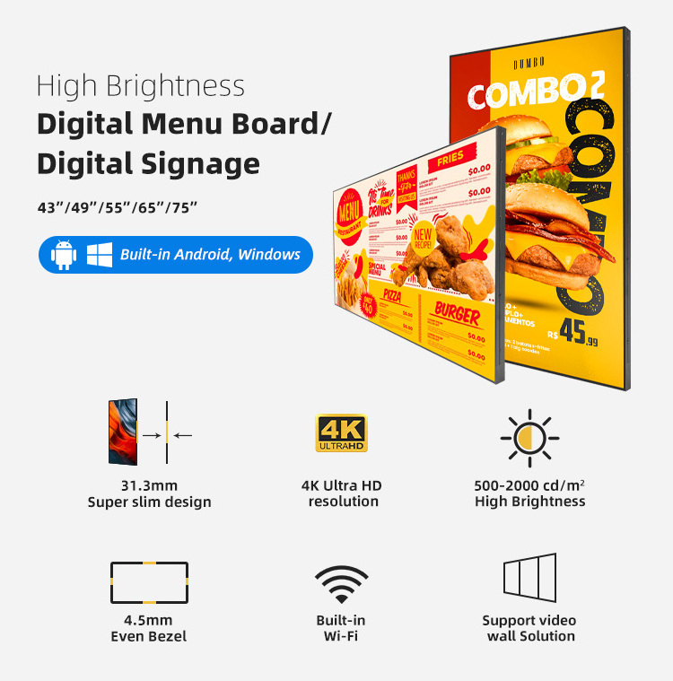 700nits 4K 32''-85'' High Brightness Display signage digital sign boards Advertising  Window LCD Display