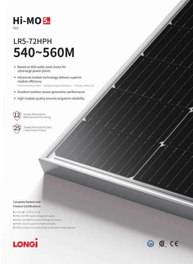 540W Longi Solar Panel LR5-72HPH 540-560W Longi 410W solar Mono 182mm Half Cell Longi Solar Module Home Use