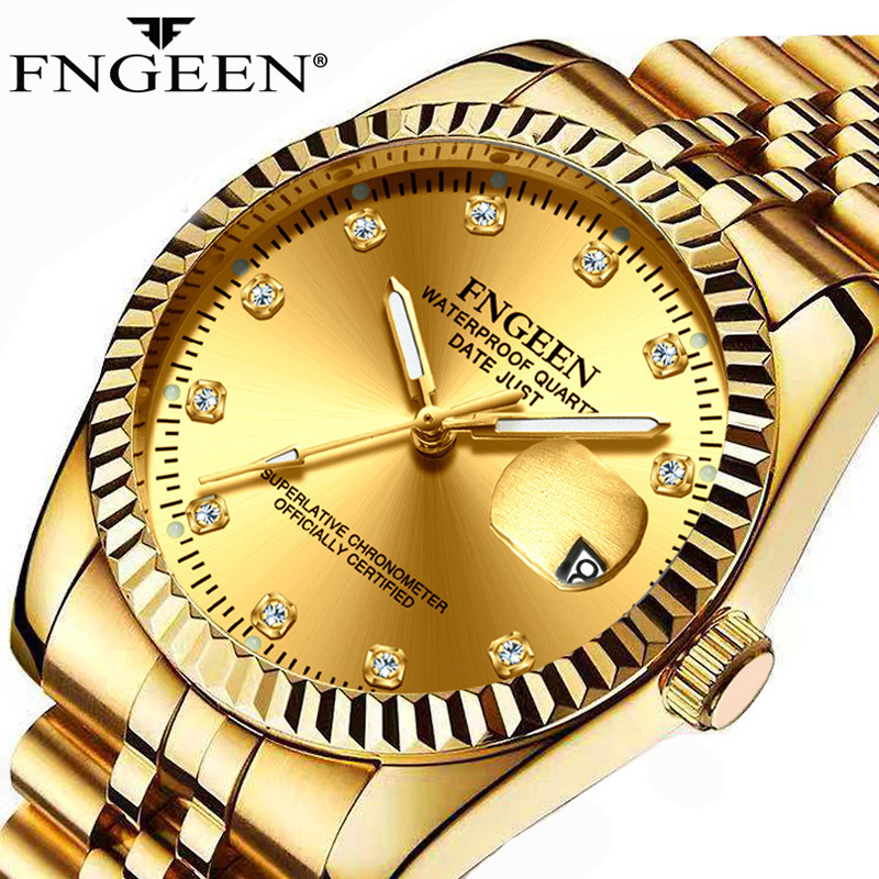 FNGEEN Stainless Steel Gold Quartz Watches Men's Luxury Diamond Man Watch Famous Brand Fashion Business Waterproof Wristwatches