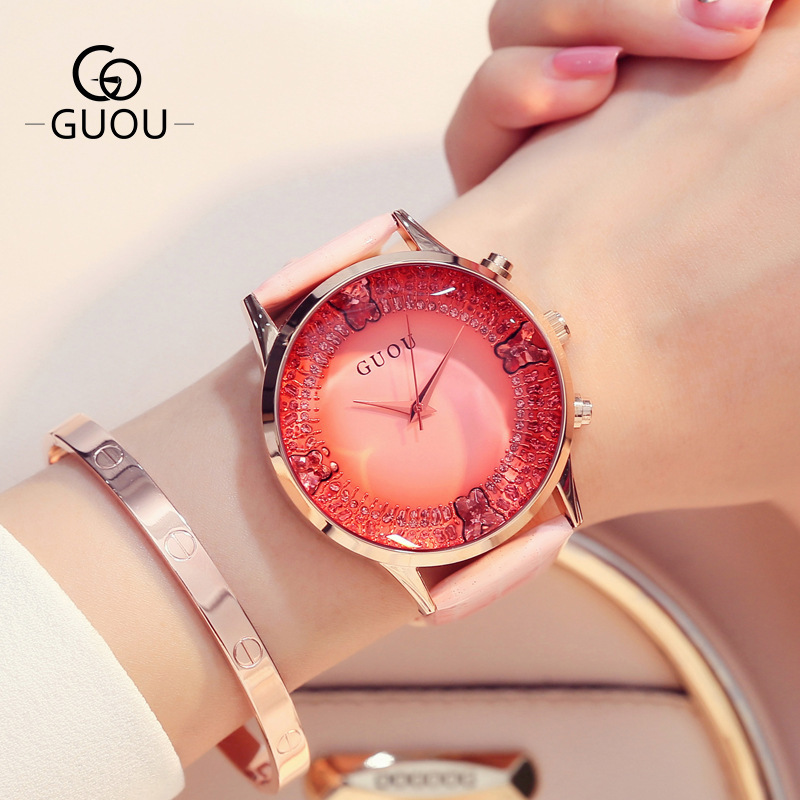 GUOU Watches Ladies 8107 Fashion Romantic Rhinestone Watch Women Wristwatch Casual Leather Elegant Bracelet Relogio Feminino