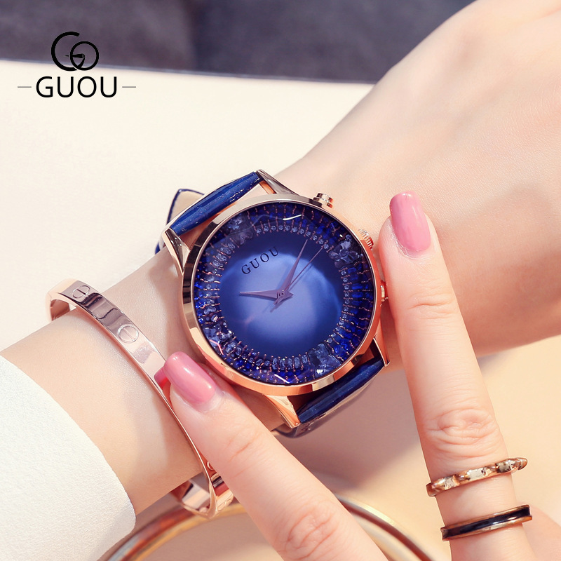 GUOU Watches Ladies 8107 Fashion Romantic Rhinestone Watch Women Wristwatch Casual Leather Elegant Bracelet Relogio Feminino