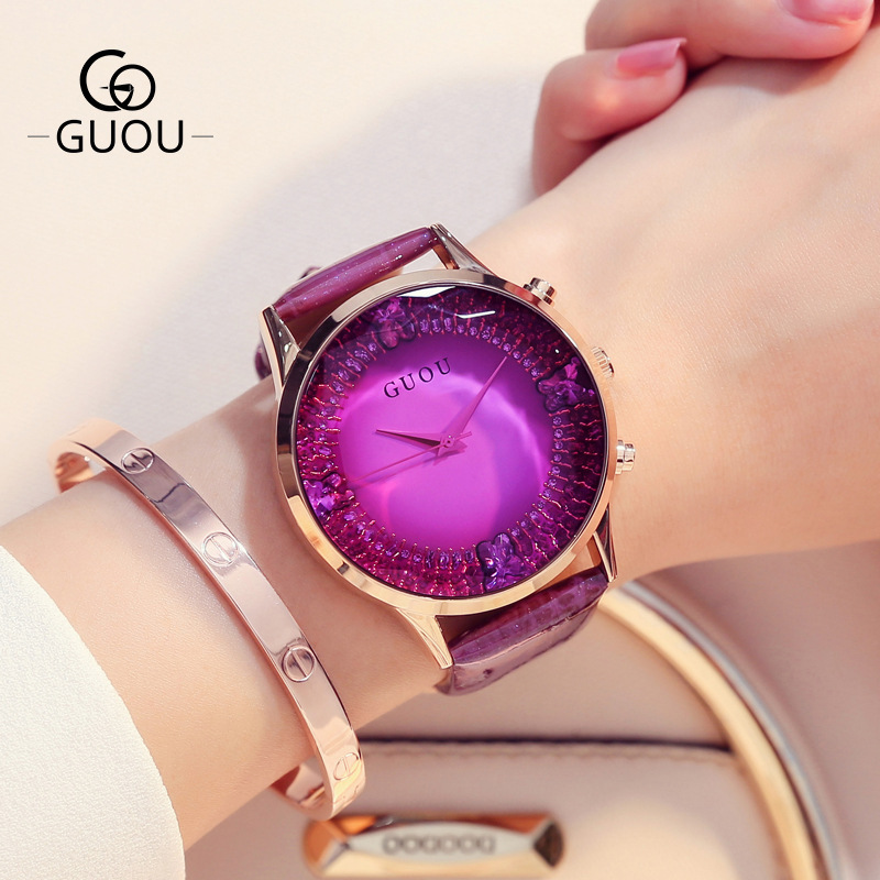 GUOU Watches Ladies 8107 Fashion Romantic Rhinestone Watch Women Wristwatch Casual Leather Elegant Bracelet Relogio Feminino