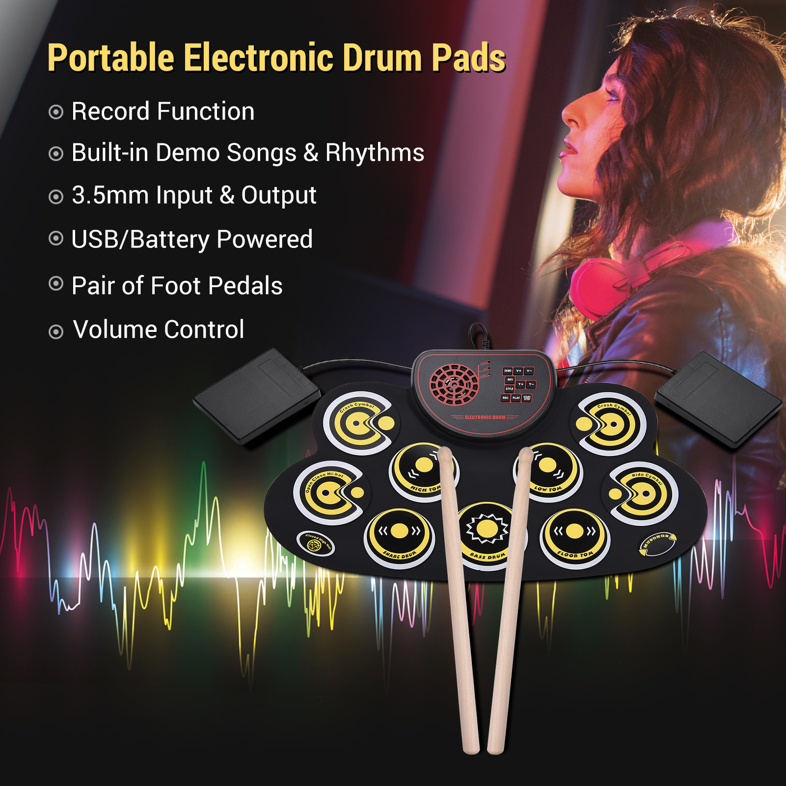 Roll-up Speaker Electronic Drum Set Soft Silicone Drum with Foot Pedals Drum Sticks