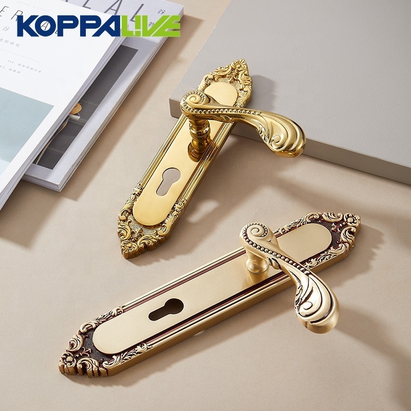 Koppalive OEM Luxury Design Modern Style Golden Interior Brass Door Handle Lock Set with Plate