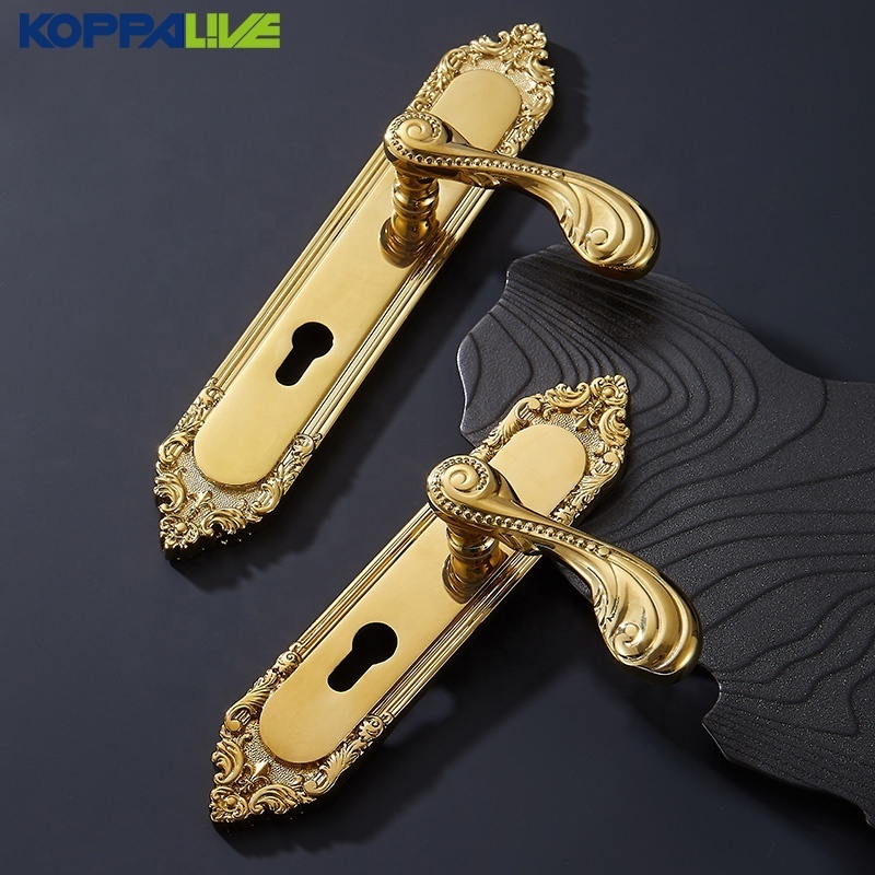 Koppalive OEM Luxury Design Modern Style Golden Interior Brass Door Handle Lock Set with Plate