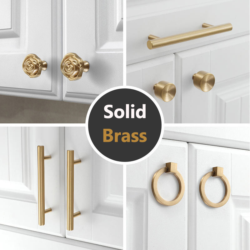 Koppalive Modern Luxury Drawer Wardrobe Solid Satin Brass Gold Pulls Knobs Kitchen Brushed Brass Cabinet Door Handle