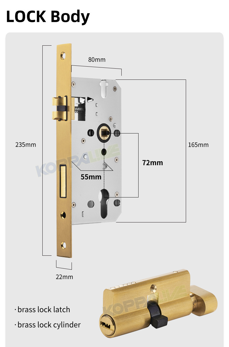 KOPPALIVE Modern bedroom safety door lock set interior brass mortise lever entrance door handle