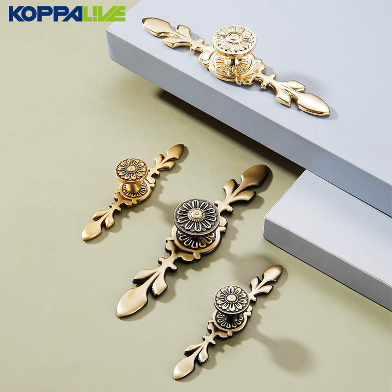 European gold decorative brass dresser knobs drawer pulls back plate floral flower cabinet handles kitchen