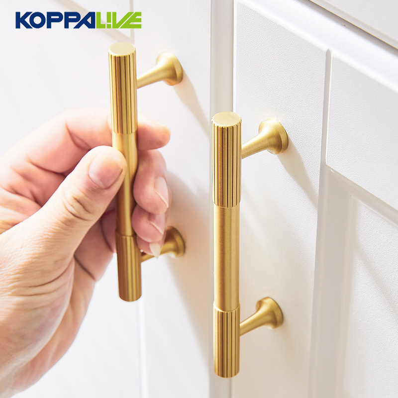 Brushed Brass Handles Golden Linear Fluted Straight Stripe Kitchen Cabinet Handles Antique Drawer Knobs Solid Brass Pulls