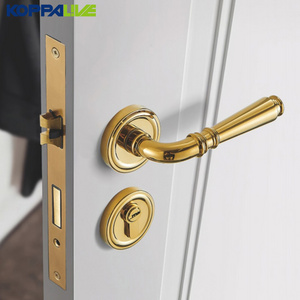 Koppalive Shiny Gold Interior Brass Door Handle with Solid Copper Lock Set for European Style Luxury Villa Bedroom