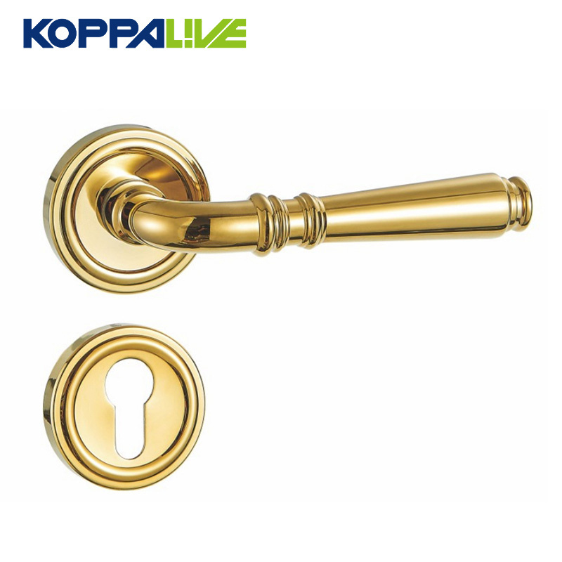 Koppalive Shiny Gold Interior Brass Door Handle with Solid Copper Lock Set for European Style Luxury Villa Bedroom