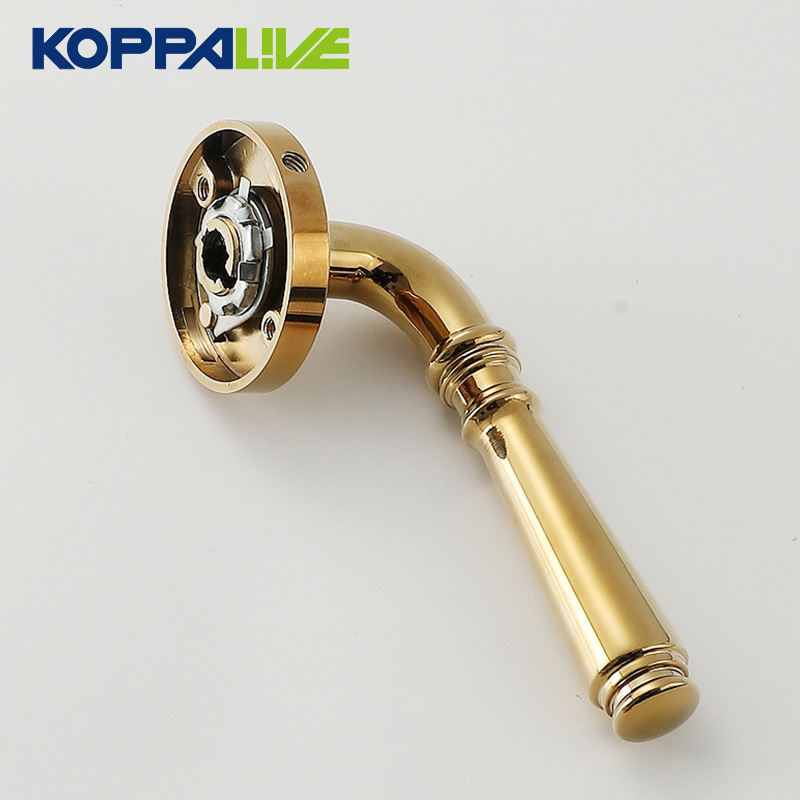 Koppalive Shiny Gold Interior Brass Door Handle with Solid Copper Lock Set for European Style Luxury Villa Bedroom