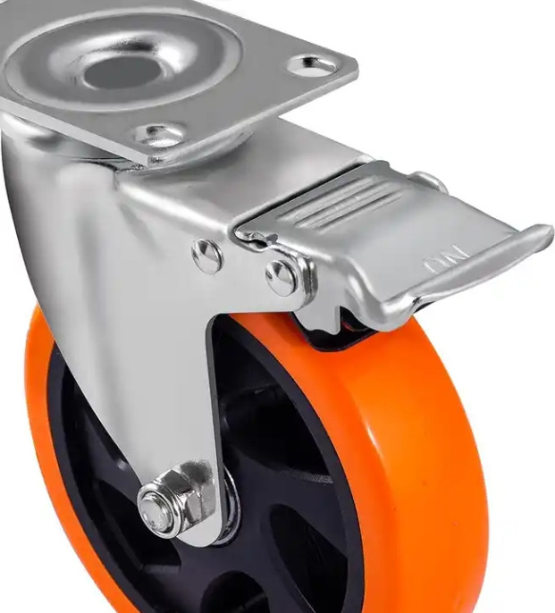 4 Inch Orange Polyurethane Castors Top Plate Swivel Wheels Industrial Casters with Brake