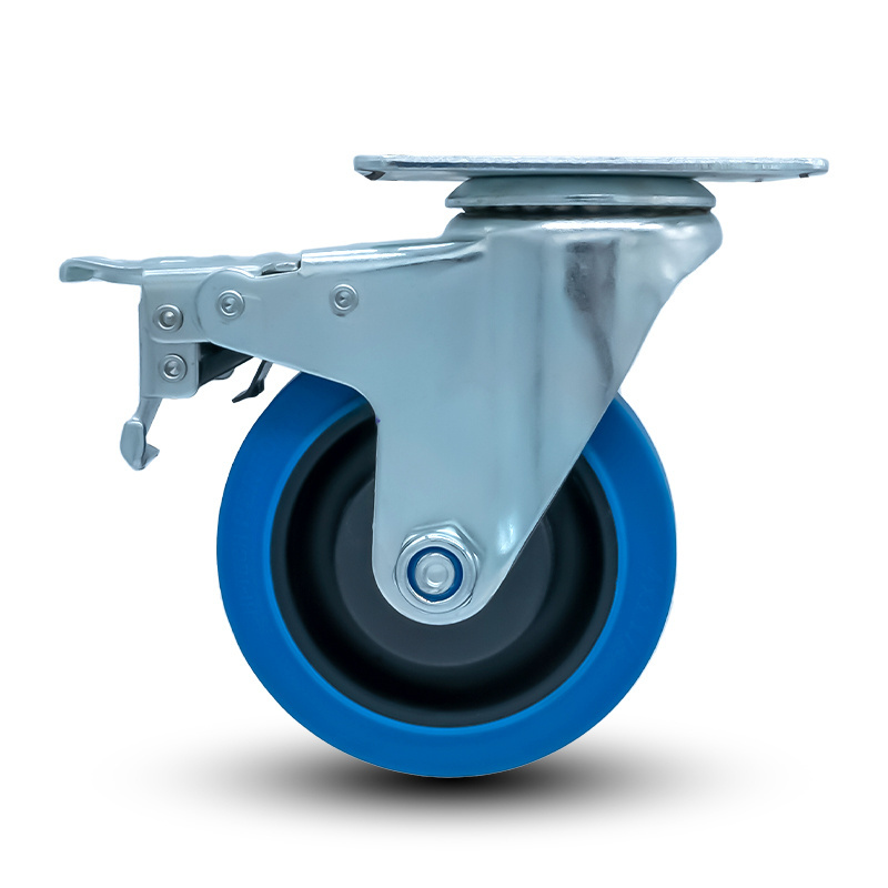 Blue soft elastic Thermoplastic rubber industrial wheel with locks Hand trolley wheel caster Medium duty casters wheel