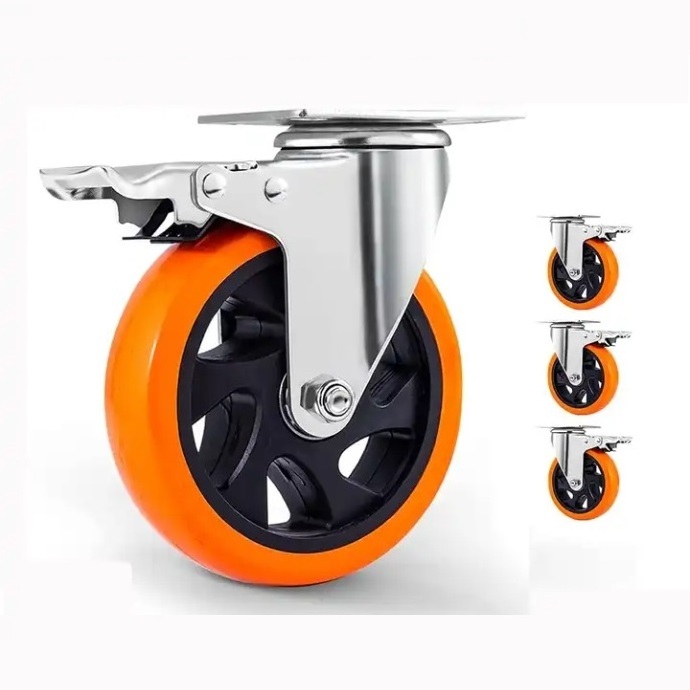 4 Inch Orange Polyurethane Castors Top Plate Swivel Wheels Industrial Casters with Brake