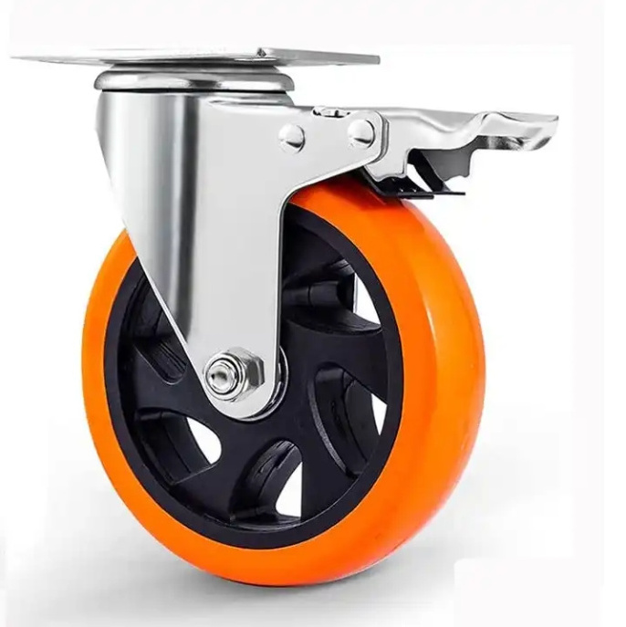 Heavy duty caster industrial castors roller orange pu wheel 4 inch plate caster wheel with brake