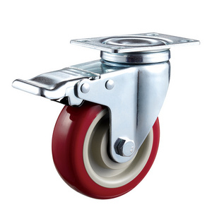 Polyurethane universal wheel 3/4/5 inch jujube red double bearing with brake 8" heavy duty casters for Industrial