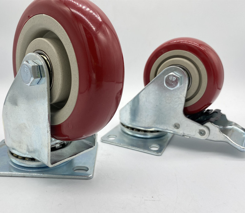 Polyurethane universal wheel 3/4/5 inch jujube red double bearing with brake 8