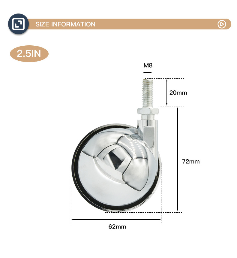 2.5 Inch 62mm Zinc Alloy Bolt-hole Stem Furniture Caster Office Chair Caster Wheels