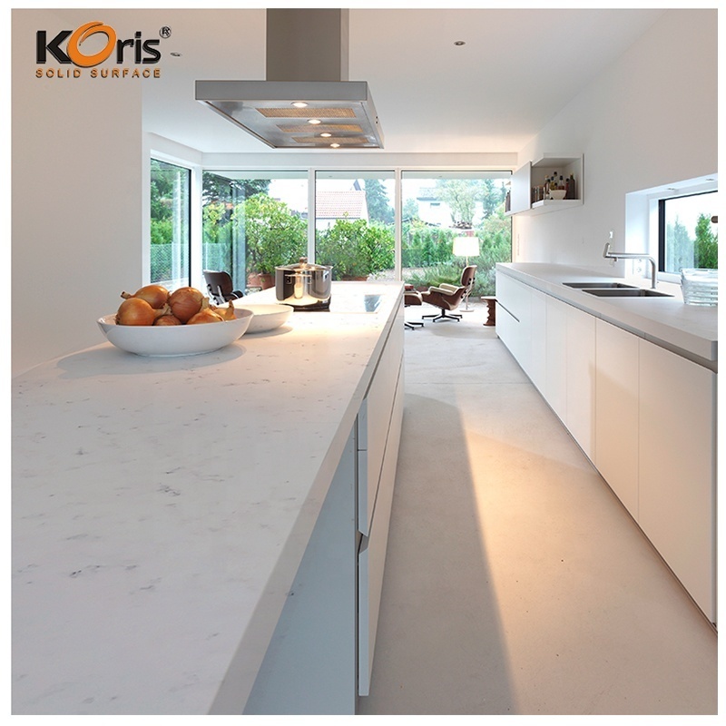 Koris kitchen cabinets island countertops white marble pattern artificial stone sheet acrylic solid surface countertops