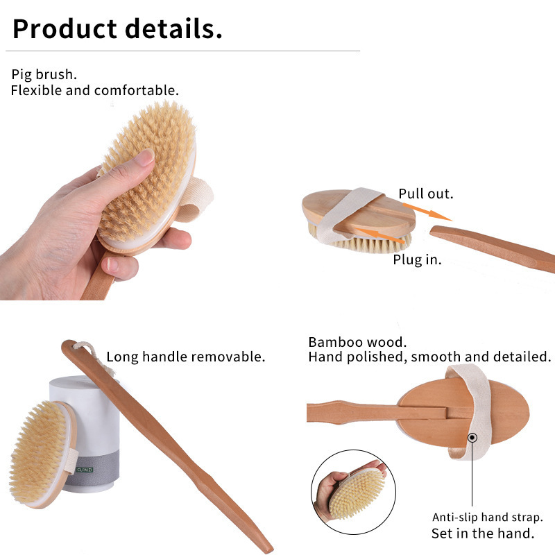 4pcs Set Eco Friendly Natural Boar Bristle Long Handle Bath Brush Set Detachable Design Massage Body foot Care Brush