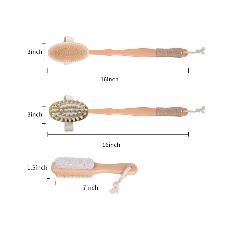 4pcs Set Eco Friendly Natural Boar Bristle Long Handle Bath Brush Set Detachable Design Massage Body foot Care Brush