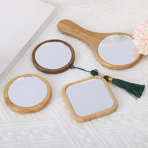 Wooden Mini Mirror Frame Make up Mirror Round Pocket Small Portable Bamboo Makeup Mirror