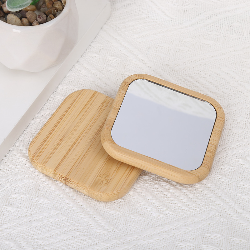 Wooden Mini Mirror Frame Make up Mirror Round Pocket Small Portable Bamboo Makeup Mirror