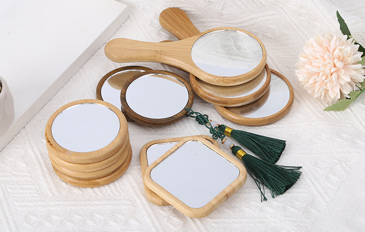 Wooden Mini Mirror Frame Make up Mirror Round Pocket Small Portable Bamboo Makeup Mirror