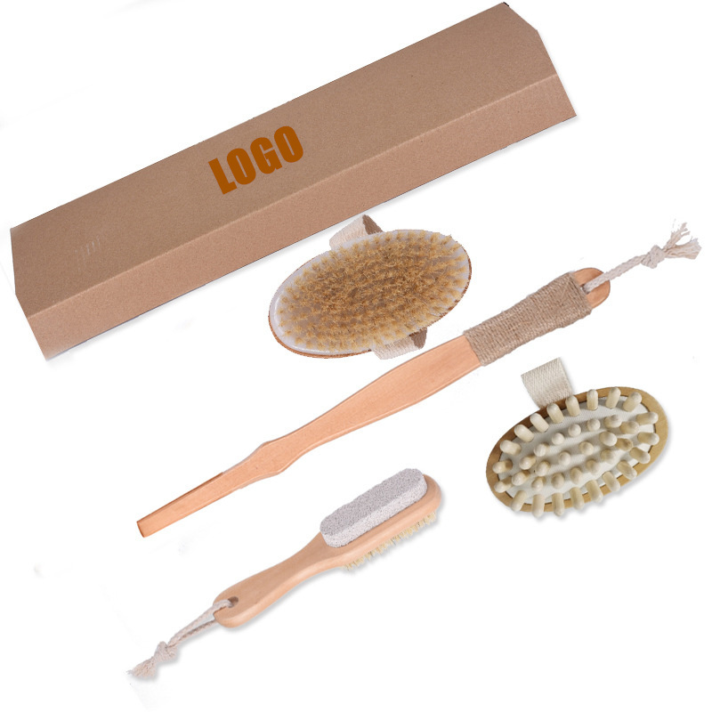 4pcs Set Eco Friendly Natural Boar Bristle Long Handle Bath Brush Set Detachable Design Massage Body foot Care Brush