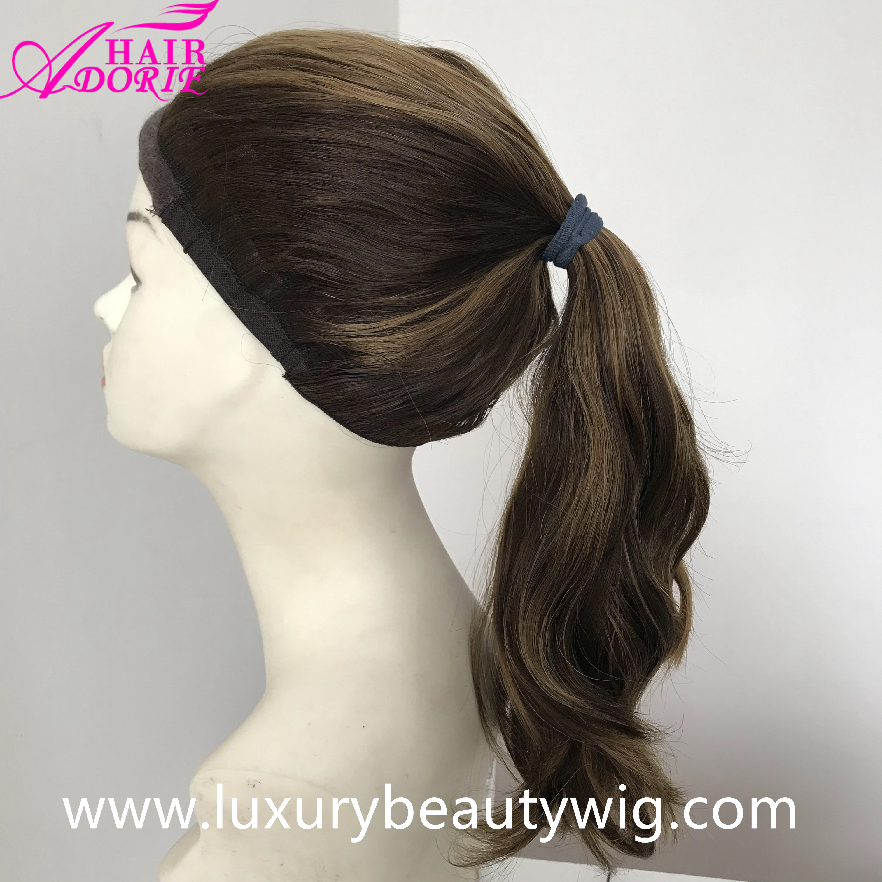 LX210 Brown Wavy European Virgin 100% Nonprcessed Human Hair Jewish Sheitel Ponytail Kosher Wunder Gym Wig