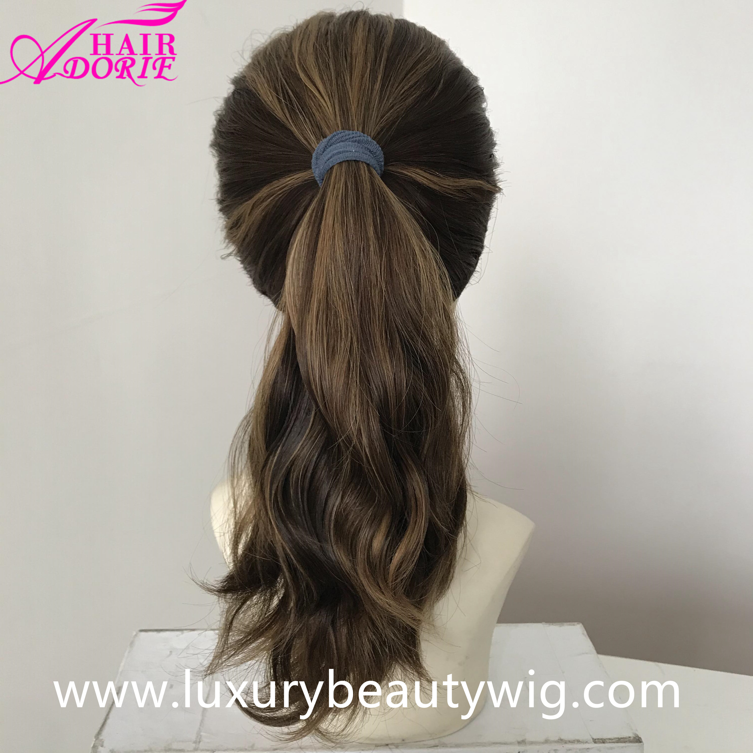 LX210 Brown Wavy European Virgin 100% Nonprcessed Human Hair Jewish Sheitel Ponytail Kosher Wunder Gym Wig