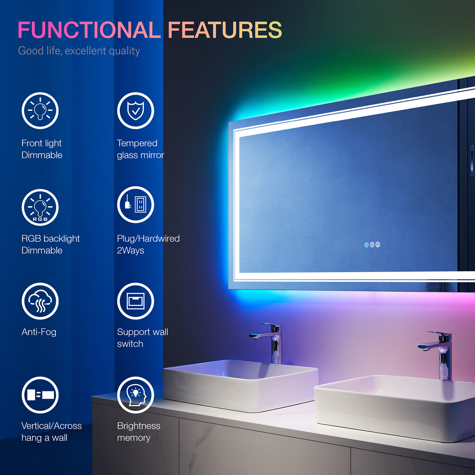 Smart Light Hotel Room Rectangle Large Size Touch Screen Bathroom Led Mirror With LED Light For Home