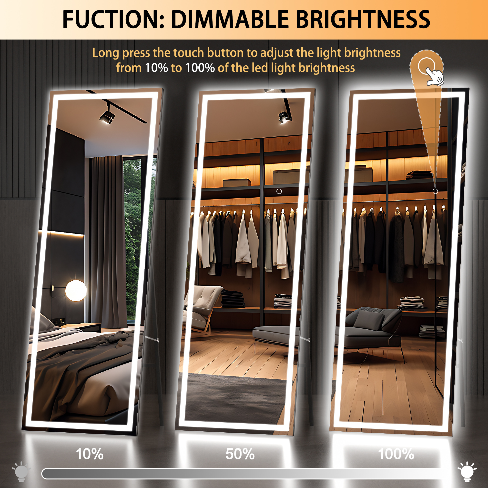 High Quality Gold Black Rectangle Shape Aluminum Alloy Framed Wall Decorative Full Body Length Hair Salon Led Mirror