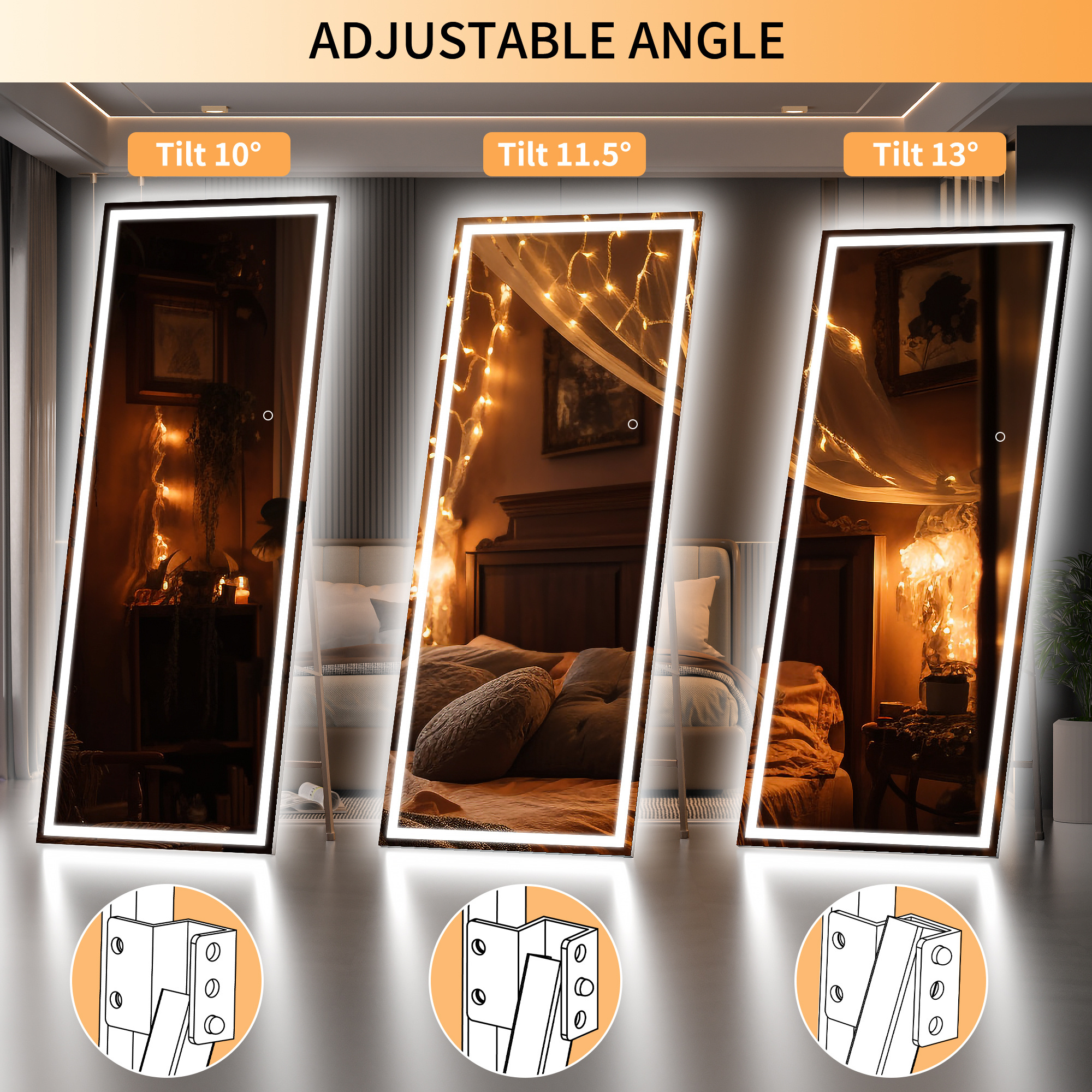 High Quality Gold Black Rectangle Shape Aluminum Alloy Framed Wall Decorative Full Body Length Hair Salon Led Mirror