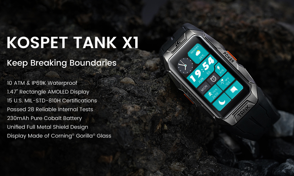 Fashion Style KOSPET TANK X1 Rugged Smart Watch 70 Sports Modes with Smart Recognition SmartWatch