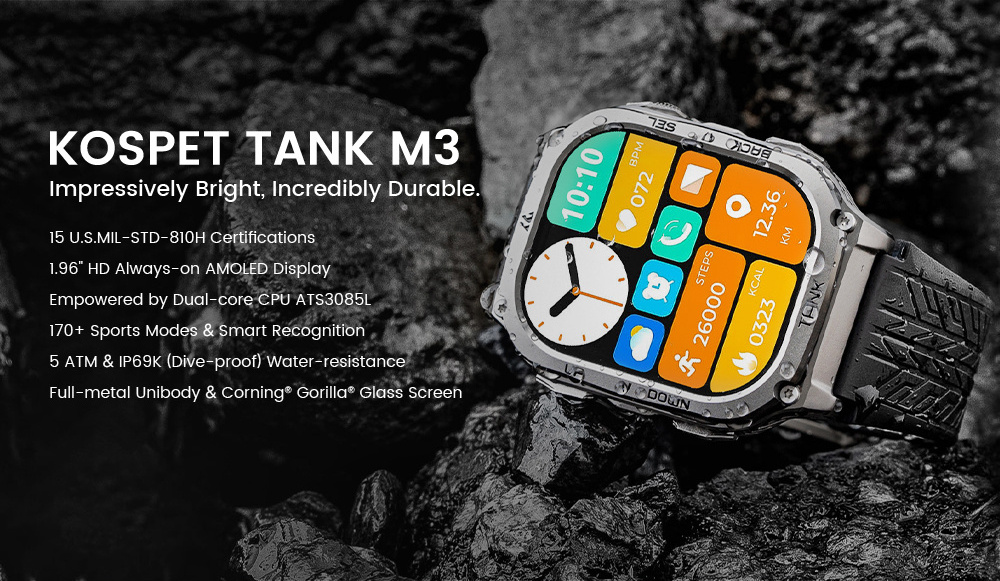 KOSPET TANK M3 Sport Smart Watch 5ATM & IP69K Waterproof Bracelet Long Battery Life Reloj Smartwatches