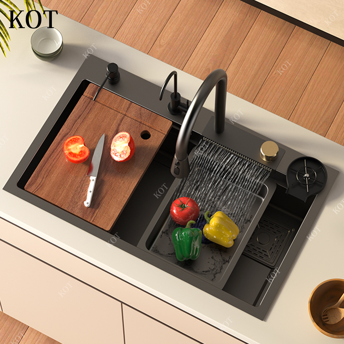 KOT Modern Luxury Smart Multifunction Waterfall With Digital Display Hidden Black Kitchen Sink Stainless Steel