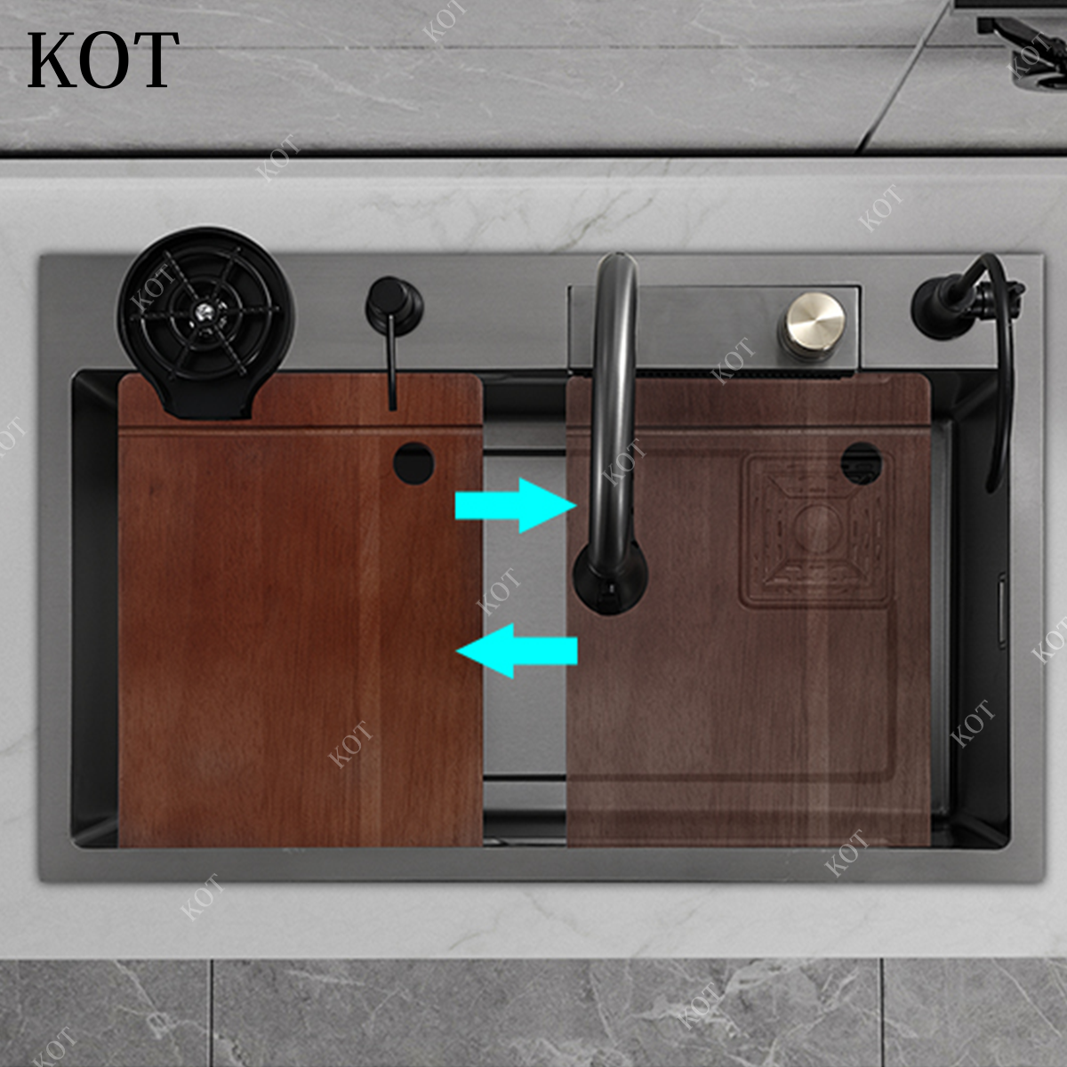 KOT Modern Luxury Smart Multifunction Waterfall With Digital Display Hidden Black Kitchen Sink Stainless Steel