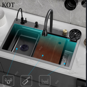 KOT Modern Luxury Smart Multifunction Waterfall With Digital Display Hidden Black Kitchen Sink Stainless Steel