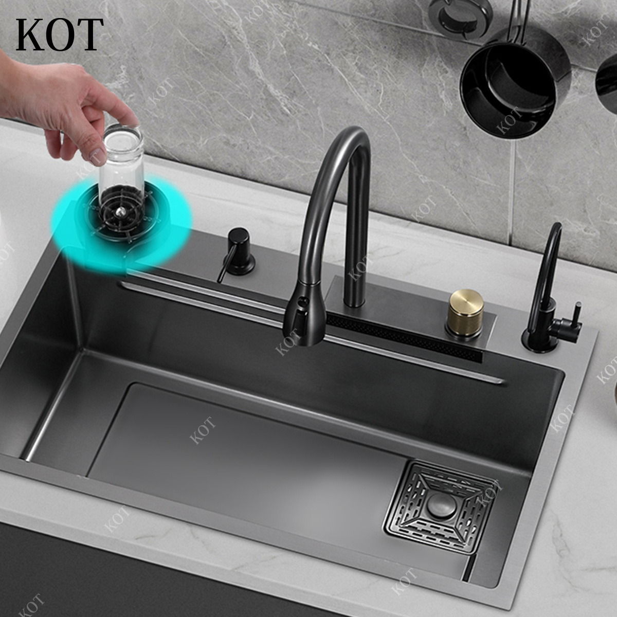 KOT Modern Luxury Smart Multifunction Waterfall With Digital Display Hidden Black Kitchen Sink Stainless Steel