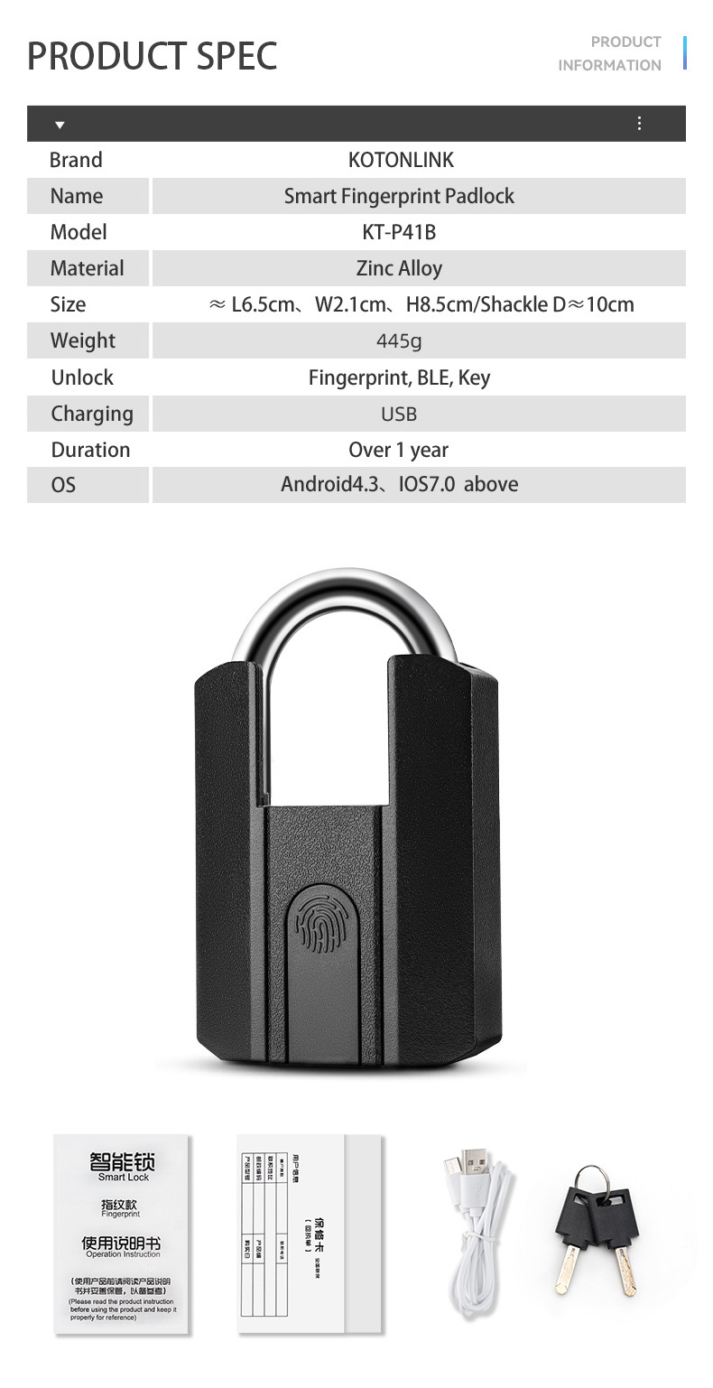 Zinc Alloy Metal Smart Fingerprint Lock USB Rechargeable Fingerprint Padlock for Door Luggage