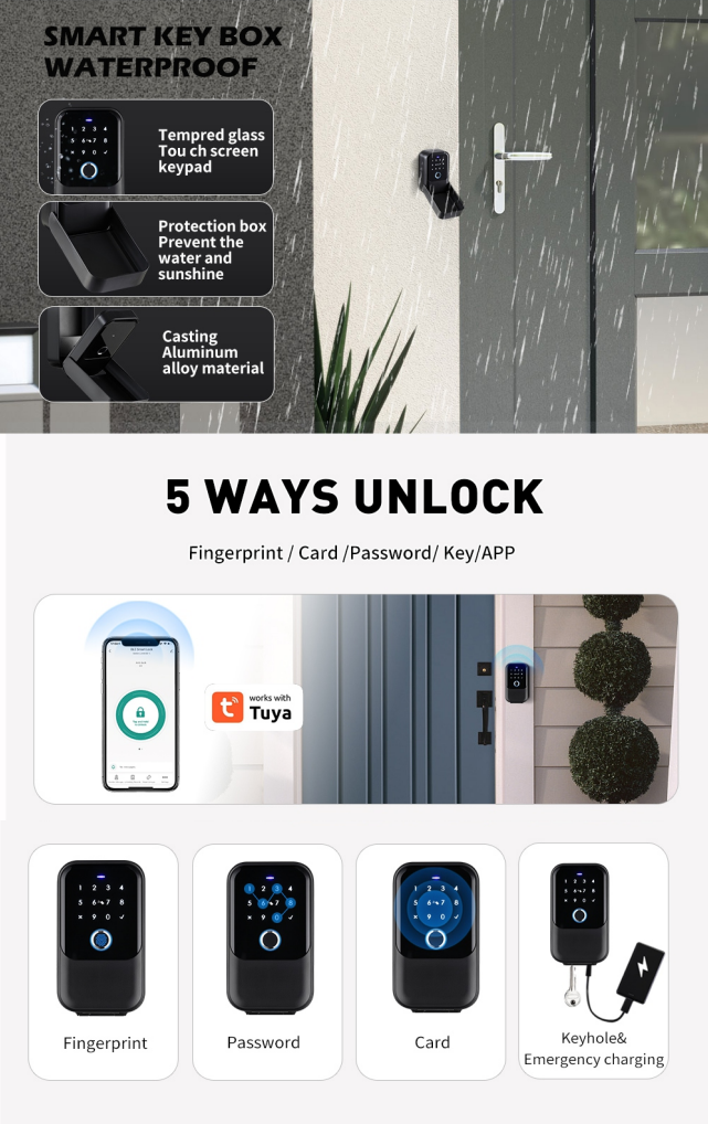 IP65 waterproof Smart Box Lock tuya ttlock Key Lock Box 5-in-1 Blue tooth Lockbox for Door Handle and Wall Smart lockbox