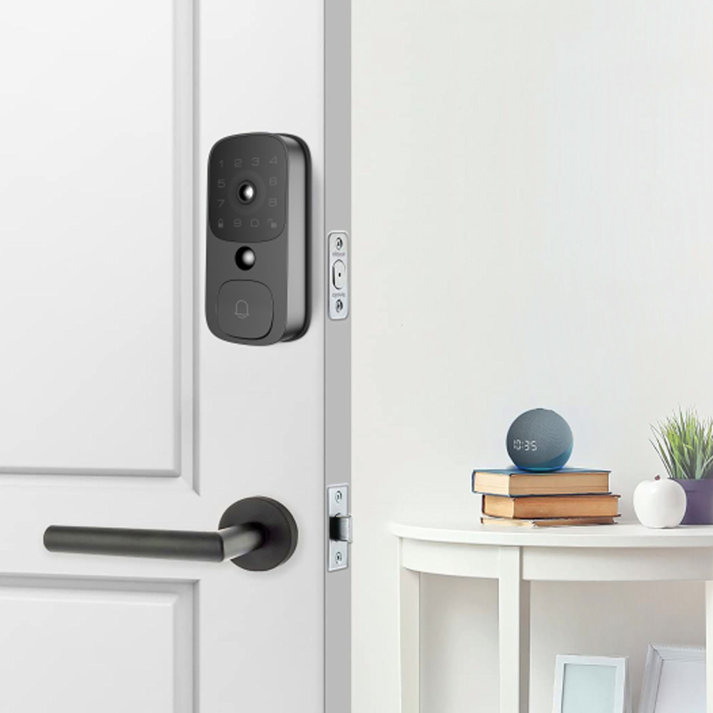 Peek-proof digital keypad 3D Biometric fingerprint sensor smart deadbolt lock with doorbell  camera